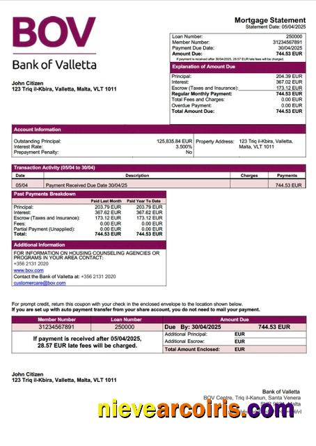 Malta Bank of Valletta mortgage statement Word and PDF template